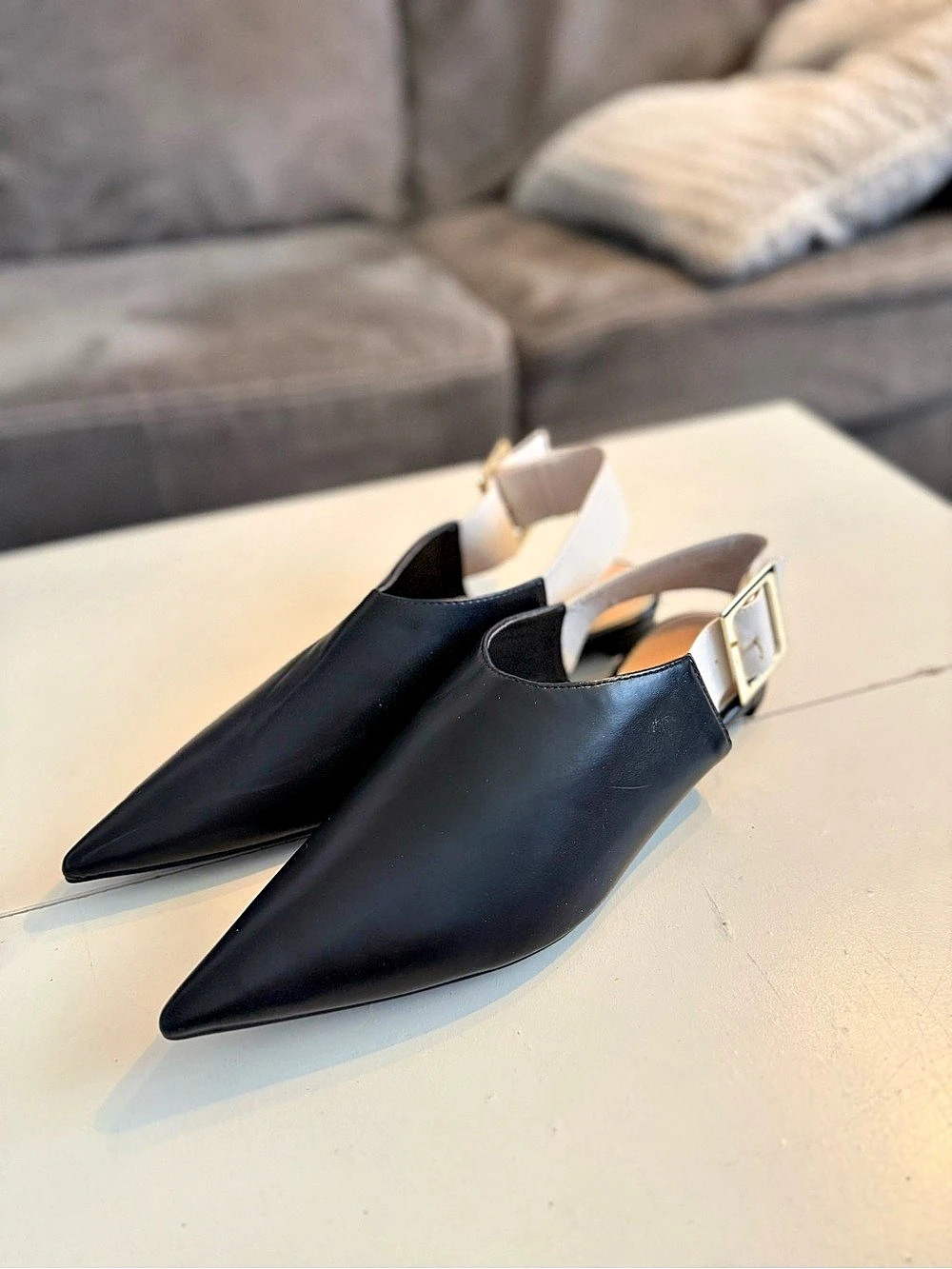 Zara Trafaluc Black Pointed Toe Slingback Flats Gold Buckle Quite Luxury Chic